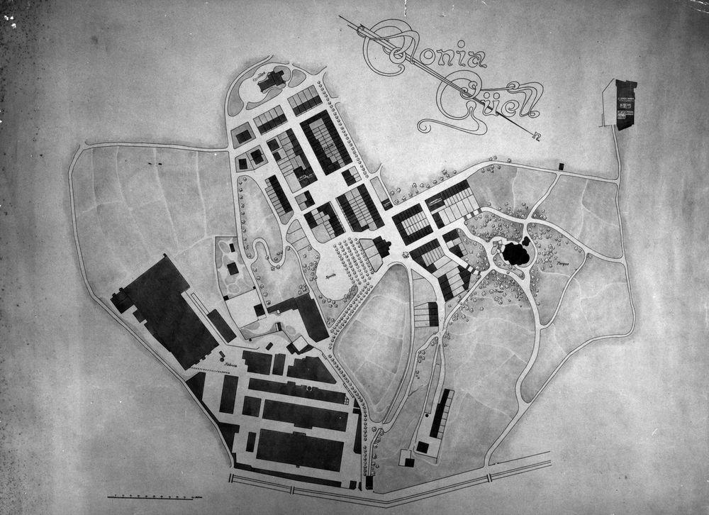 Plano original de la Colònia Güell, con la fábrica y el poblado