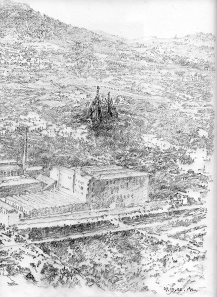 Dibujo de la iglesia terminada sobre el paisaje de la colonia