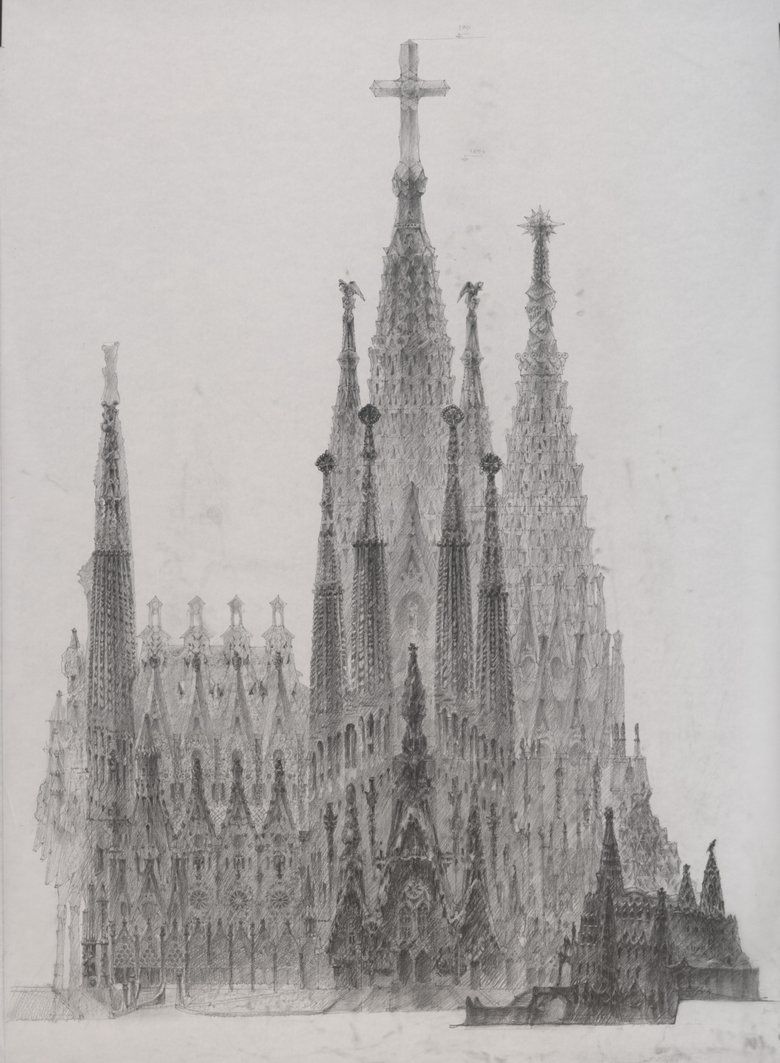 Dibujo de la iglesia terminada junto a la Sagrada Família