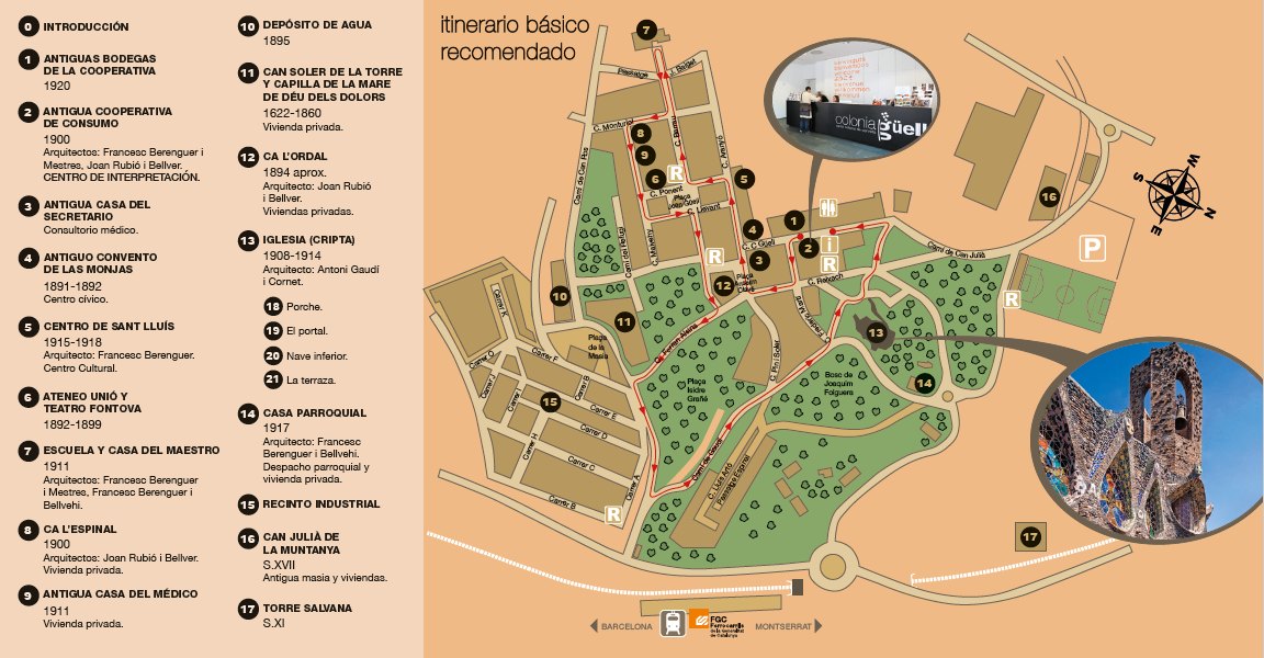 Plano de la Colònia Güell con el itinerario de la visita
